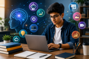 Focused Student in a Neon AI Workspace