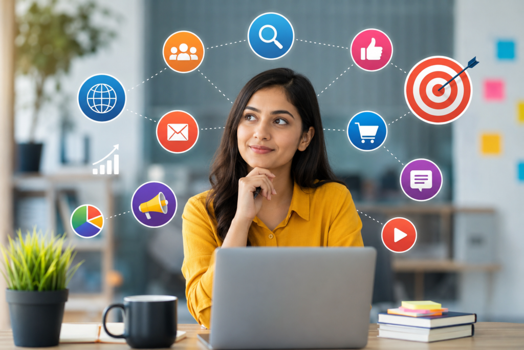 Person choosing the right digital marketing institute while researching online marketing courses on a laptop.