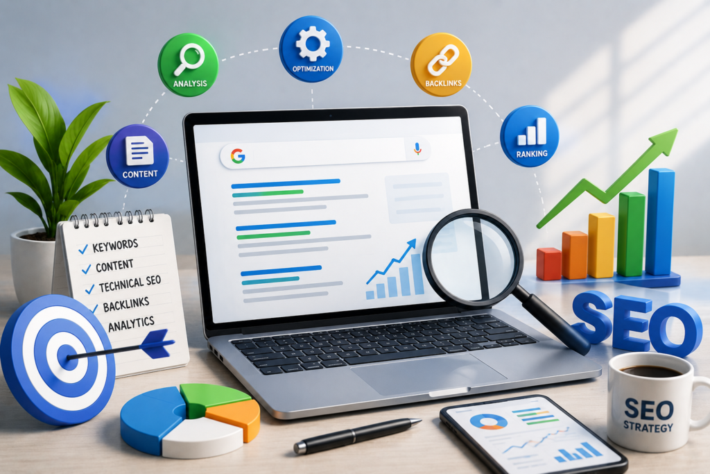 SEO strategy workspace with growth analytics