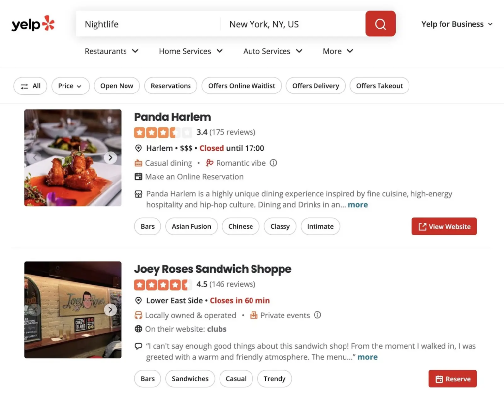 For each city, Yelp programmatically creates pages such as “Restaurants in New York” or “Shopping in Phoenix.” Each page contains a list of relevant businesses along with details such as addresses, business hours, ratings, and other business information.